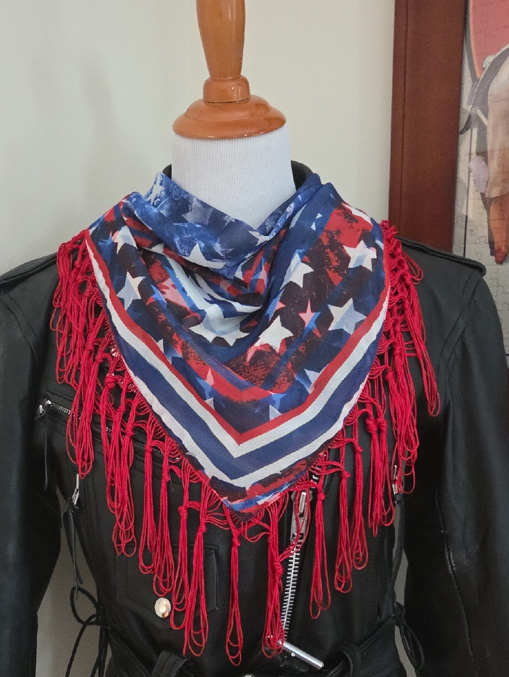 Fringed Patriotic Star & Stripe Bandana Scarf - Red, White & Blue